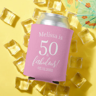 Enfriador De Latas 50 y fabuloso cumpleaños 50 en color rosa y blanco