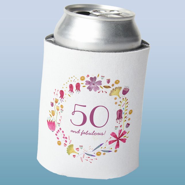 Enfriador De Latas 50 y fabuloso cumpleaños floral acuarela (Fifty 50 and fabulous floral wreath birthday can cooler)