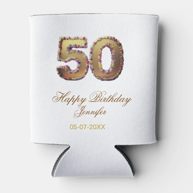 Enfriador De Latas 50th birthday add name date year gold floral bold  (Anverso)