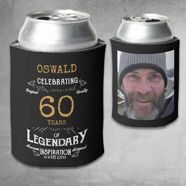 Enfriador De Latas 60.ª fama de oro negro (A personalized elegant 60th birthday can cooler that is easy to customize)