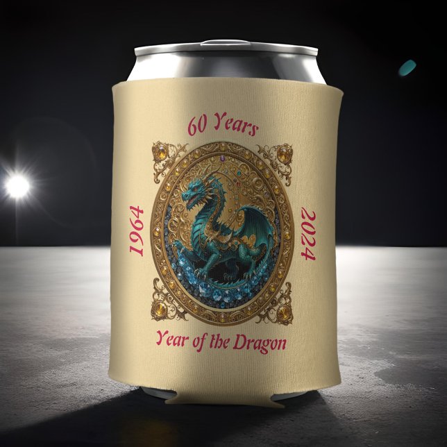 Enfriador De Latas 60.º aniversario de la cerveza Zodiac china Dragon (Personalized year of the Chinese dragon birthday can cooler with intricate regal golden decoration)