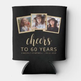 Enfriador De Latas 60.º cumpleaños 3-Foto: Black Gold Script Cheers