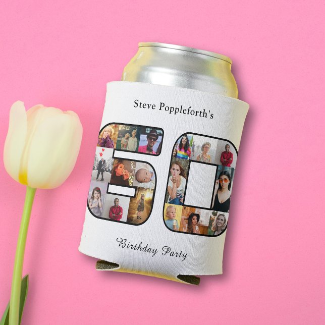 Enfriador De Latas 60.º cumpleaños 60 Collages de fotos Blanco (60th birthday white can cooler with 60 photo collage template.)