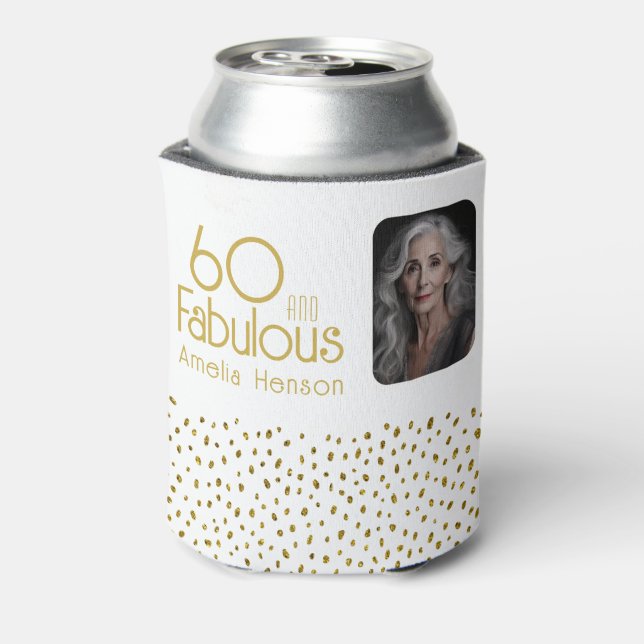 Enfriador De Latas 60 y Fabulous Gold Purpurina Photo 60th Birthday (Reverso de la lata)