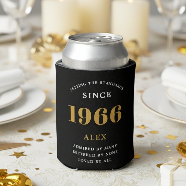 Enfriador De Latas 60th Birthday Name 1966 Black Gold Elegant Chic (1966 can cooler on a white background.)