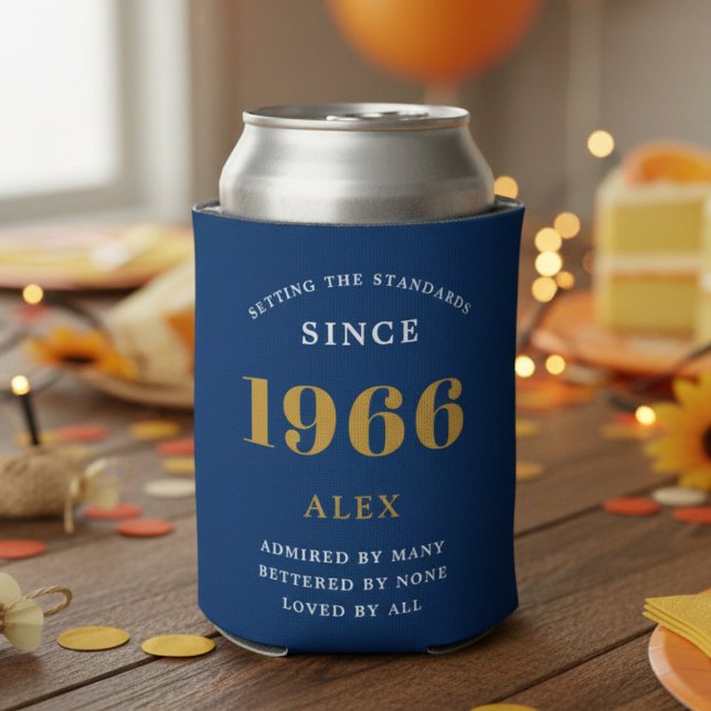Enfriador De Latas 60th Birthday Name 1966 Blue Gold Elegant Chic (1966 blue can cooler on a wood table.)