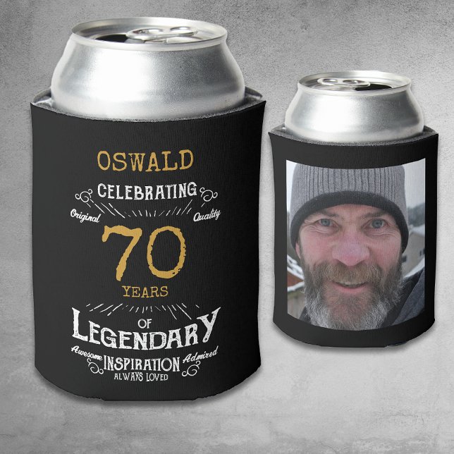 Enfriador De Latas 70.ª fama legendaria de oro negro (A personalized elegant 70th birthday can cooler that is easy to customize for that special birthday)