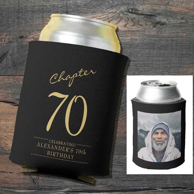 Enfriador De Latas 70.ª foto de oro negro (70th birthday black and gold personalized can cooler with elegant script and photo template.)