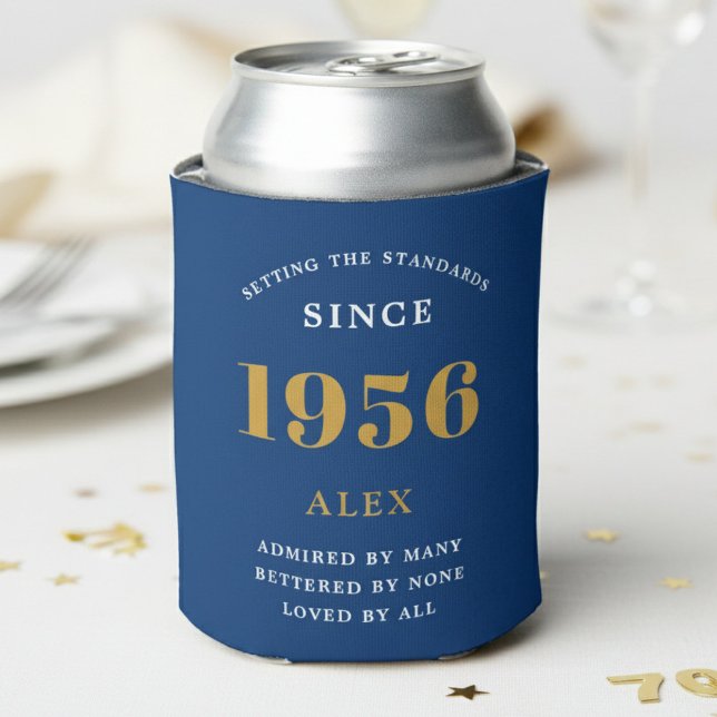 Enfriador De Latas 70th Birthday Name 1956 Blue Gold Elegant Chic (Blue 1956 can cooler with a white background.)