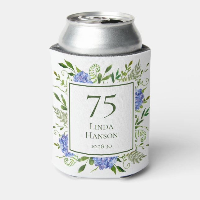 Enfriador De Latas 75.º cumpleaños Hidráneas Azules (Reverso de la lata)