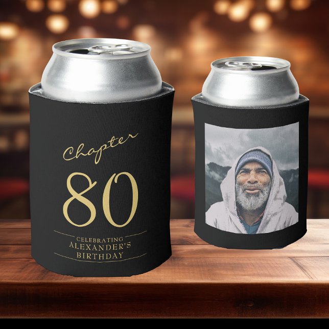 Enfriador De Latas 80.ª foto de oro negro (80th birthday custom can coolers on a bar)