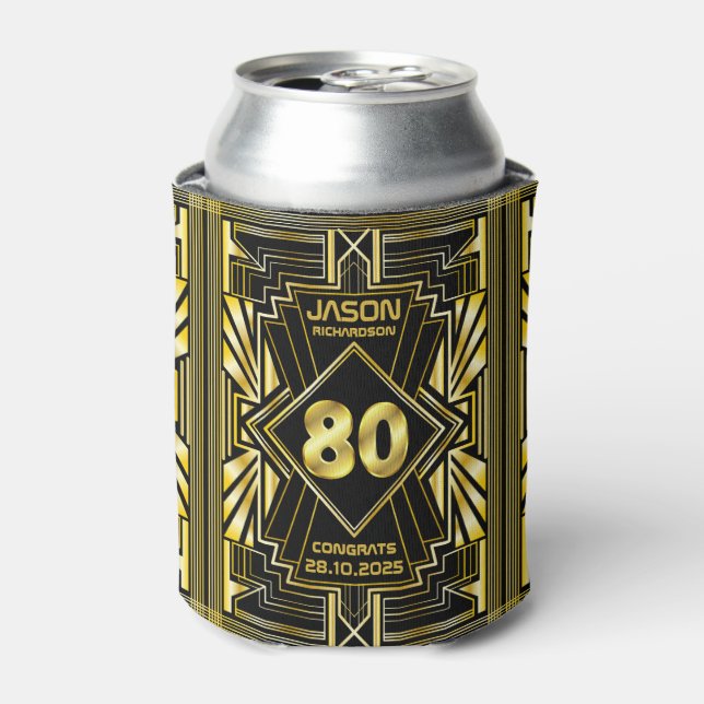 Enfriador De Latas 80.º cumpleaños Art Deco Oro Gran Gatsby Negro (Lata Anverso)