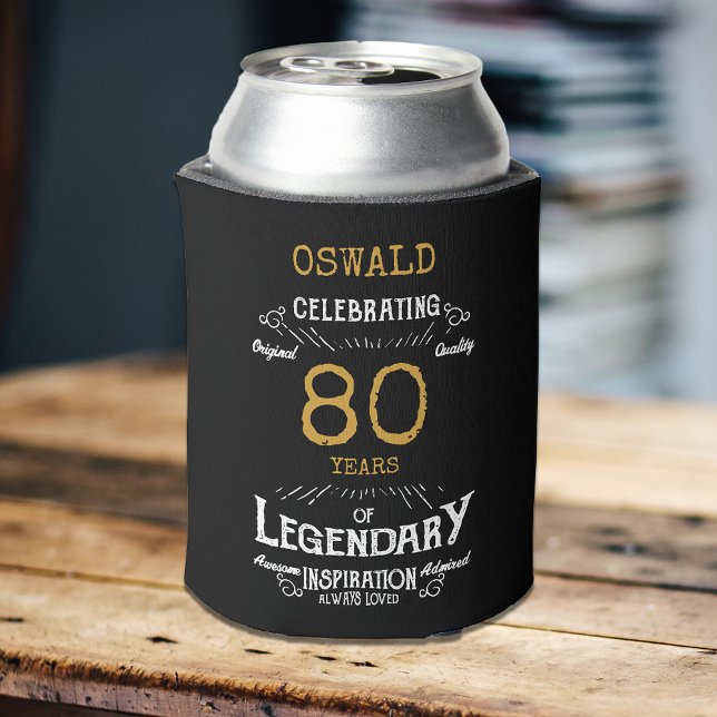 Enfriador De Latas 80.º cumpleaños Black Gold Legendary Funny (A personalized 80th birthday elegant can cooler )