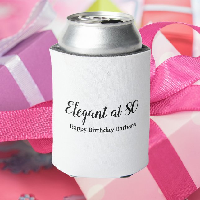 Enfriador De Latas 80.º cumpleaños elegante en 80 Personalize (A can cooler that says Elegant at 80.  The name can be changed and personalized to fit your needs!)