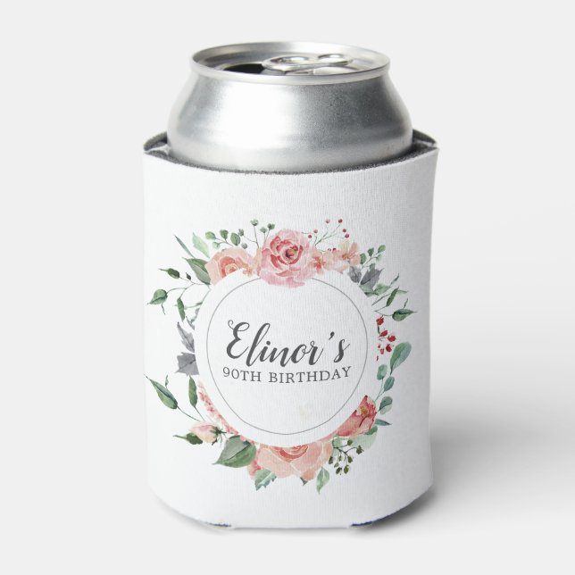Enfriador De Latas 90.º cumpleaños Elegante Floral rosa (Lata Anverso)