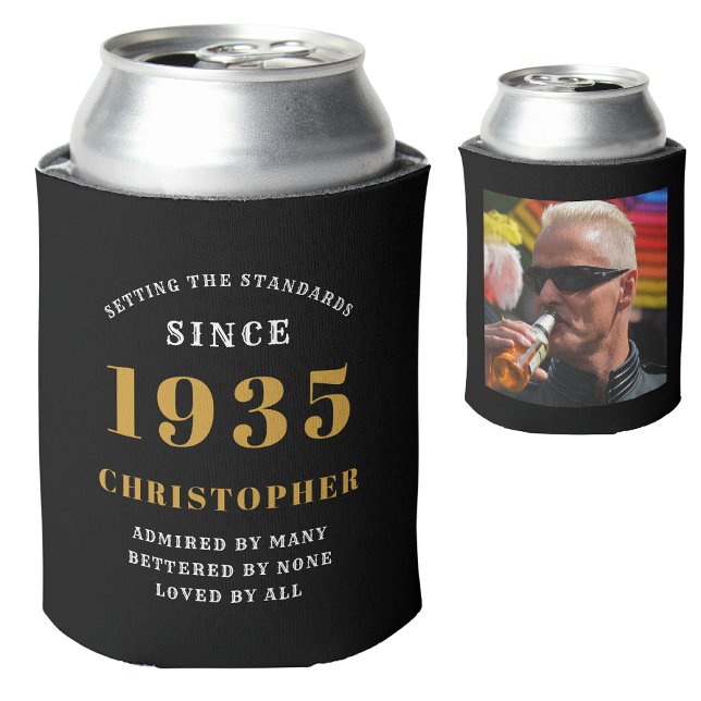 Enfriador De Latas 90.º cumpleaños Oro Negro con foto (90th birthday personalized can cooler with name and photograph)