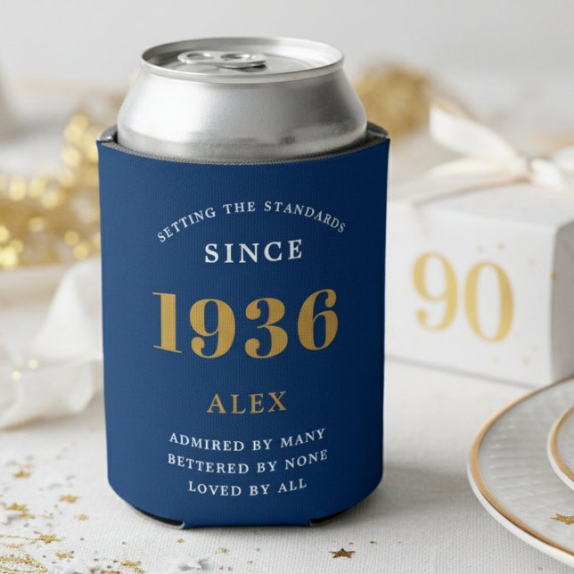 Enfriador De Latas 90th Birthday Name 1936 Blue Gold Elegant Chic (Blue 1936 can cooler with white background.)