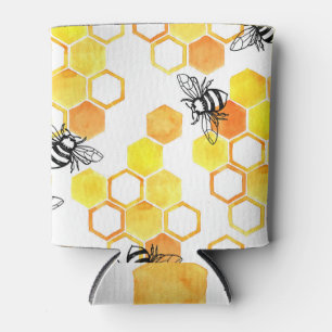 Enfriador De Latas Abejas de miel: Patrón de acuarela amarillo