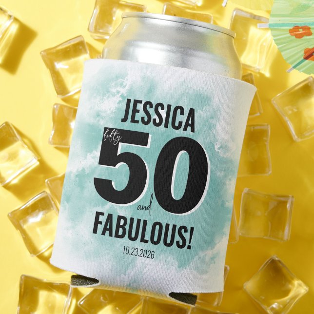 Enfriador De Latas Acuarela 50 cumpleaños (Modern Teal Watercolor 50th Birthday Can Cooler)