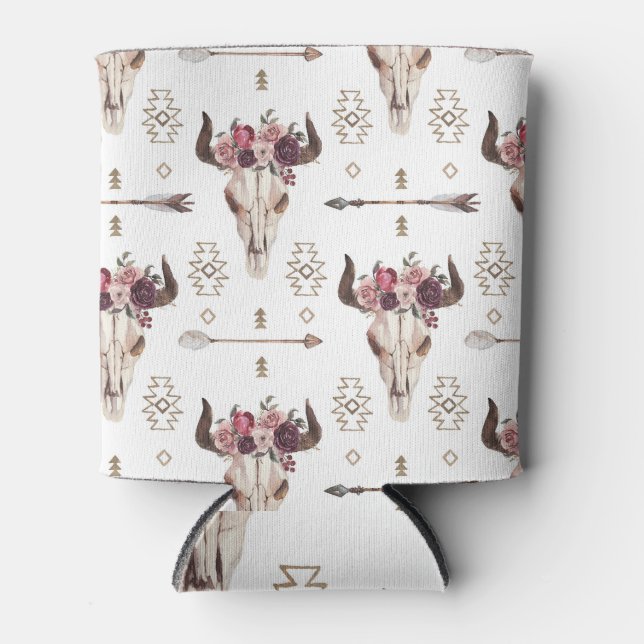 Enfriador De Latas acuarela Boho: flechas, patrón de cráneo. (Anverso)