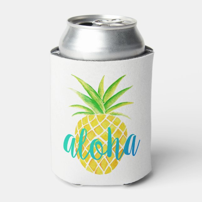 Enfriador De Latas Acuarela de piña Monograma tropical Turquesa (Lata Anverso)