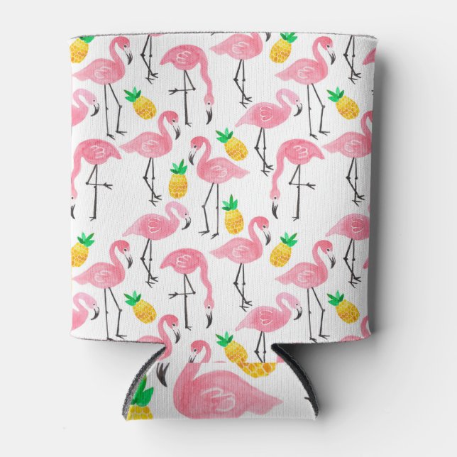Enfriador De Latas Acuarela Flamingo y Piña: Conjunto tropical. (Anverso)