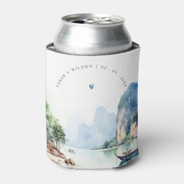 Enfriador De Latas Acuarela suave Boda costero del paisaje marino de  (Lata Anverso)