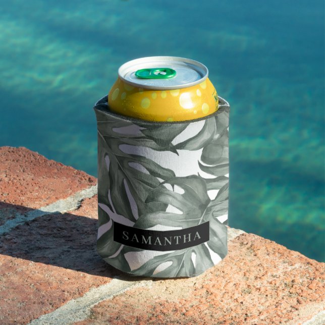 Enfriador De Latas Acuarela Tropical Oasis Moderno Patrón de hojas (Piscina in situ)