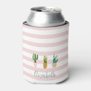 Enfriador De Latas Adorable Cactus Acuarela, Rayas Rosadas
