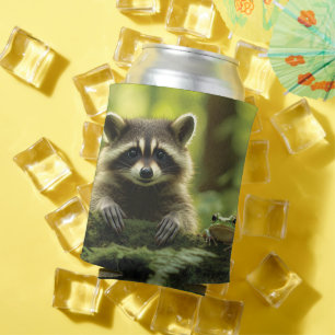 Enfriador De Latas Adorable Mapache y Rana Asomándose sobre Tronco Cu