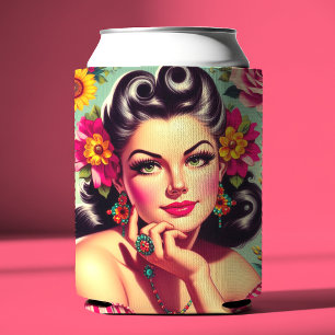 Enfriador De Latas Adorable retrato floral pin-up retro