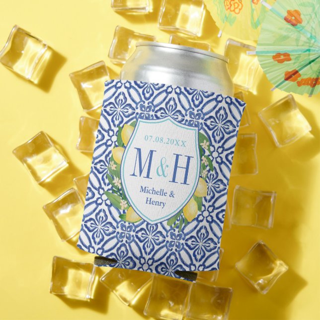 Enfriador De Latas Adriatic Lemons Blue Tiles Turquoise Bridal Shower (Verano in situ)