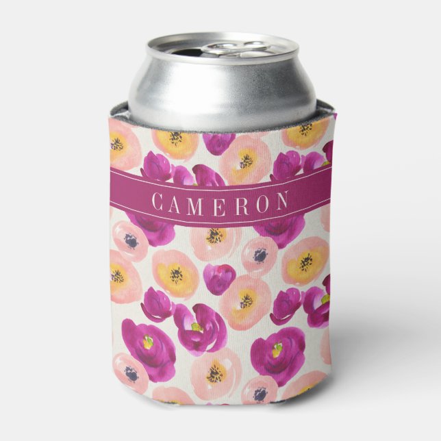 Enfriador De Latas Agrega tu nombre | Patrón botánico acuarela (Lata Anverso)