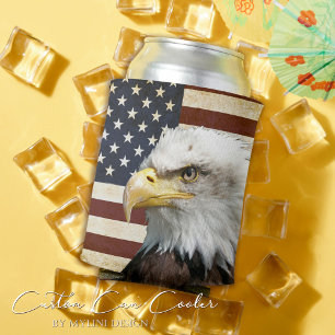 Enfriador De Latas Águila calva sobre bandera estadounidense vintage
