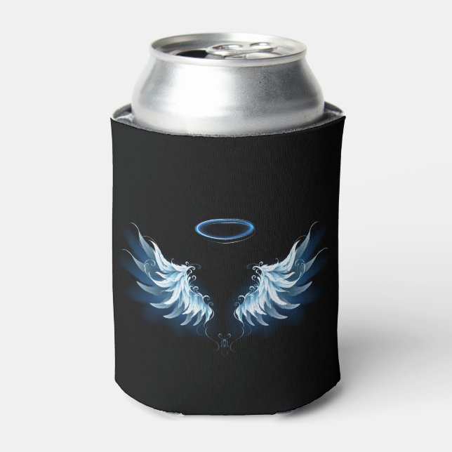 Enfriador De Latas Alas del Ángel Azul brillante sobre fondo negro (Lata Anverso)