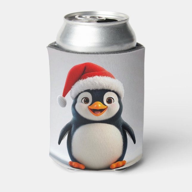 Enfriador De Latas Alegre Personalizado Penguin con Sombrero Santa (Reverso de la lata)