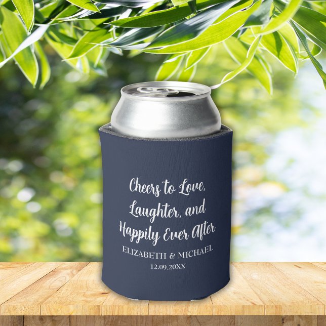 Enfriador De Latas Alegres de bodas azules de la marina para amar (Navy Blue Elegant Wedding Cheers to Love Can Cooler)