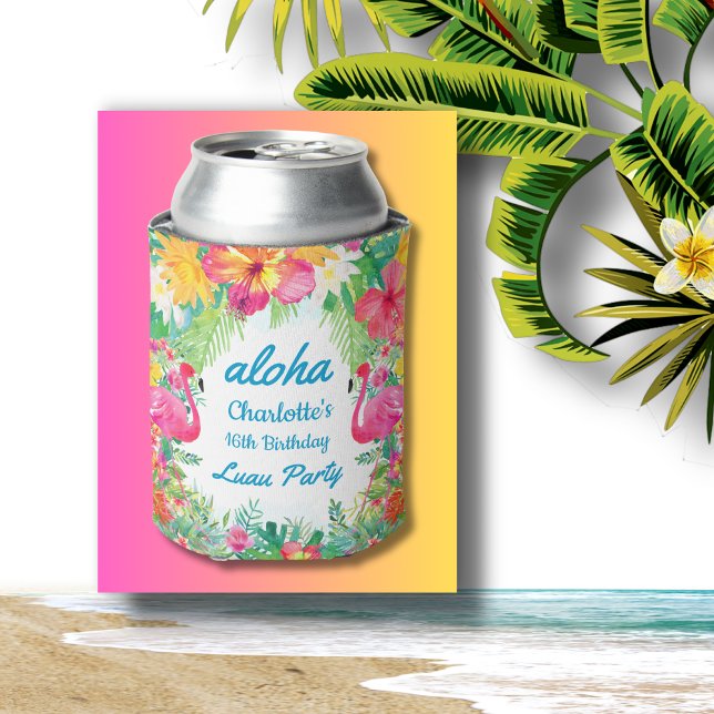 Enfriador De Latas Aloha Luau Tropical Flamingo Floral Cumpleaños Azu (Subido por el creador)