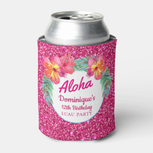 Enfriador De Latas Aloha Luau Tropical Hibiscus Purpurina Rosado Fies