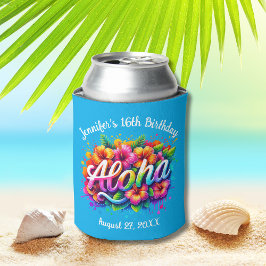 Enfriador De Latas Aloha Tropical Hawaiano Cumpleaños Luau Blue
