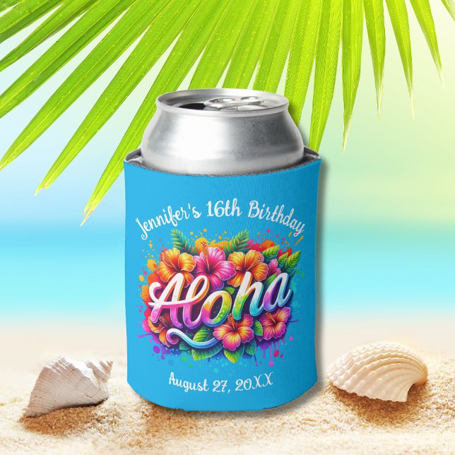 Enfriador De Latas Aloha Tropical Hawaiano Cumpleaños Luau Blue (Subido por el creador)