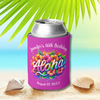 Enfriador De Latas Aloha Tropical Hawaiano Cumpleaños Luau Purple