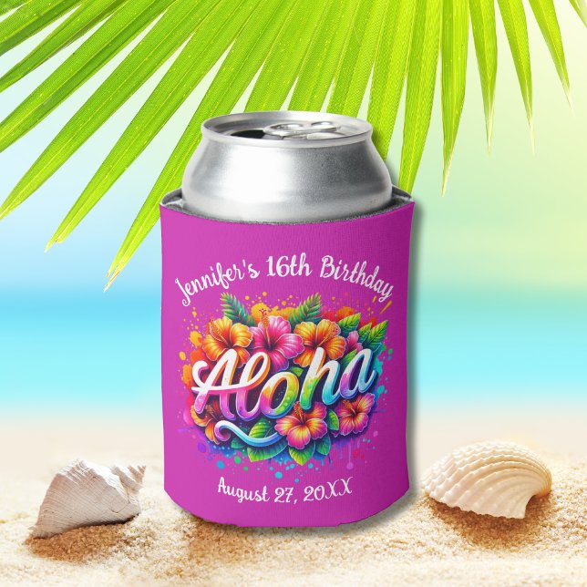 Enfriador De Latas Aloha Tropical Hawaiano Cumpleaños Luau Purple (Subido por el creador)