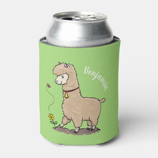 Enfriador De Latas Alpaca feliz con personalizado de mariposa (Lata Anverso)