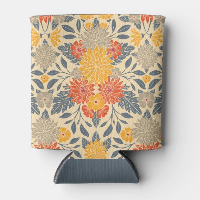 Enfriador De Latas Amarillo cálido, Naranja y floral azul (Anverso)
