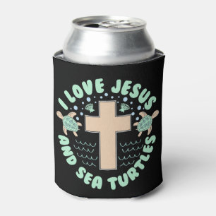 Enfriador De Latas Amo a Jesús y a las tortugas marinas Cruz de fe cr