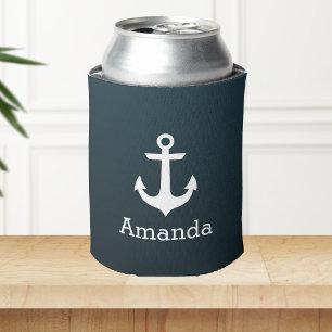 Enfriador De Latas Ancla Blanca Náutica Azul Ombre Nombre Personaliza