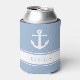 Enfriador De Latas Ancla Náutica Azul Moderna con Nombre Personalizad