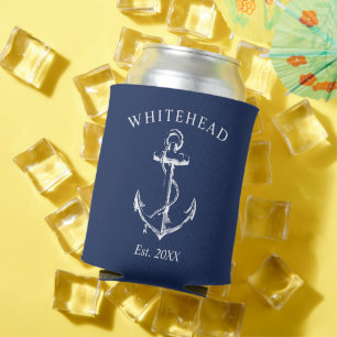 Enfriador De Latas Ancla Náutica Monograma Azul Marino