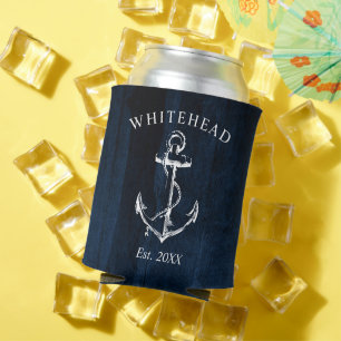 Enfriador De Latas Ancla náutica monograma madera azul marino